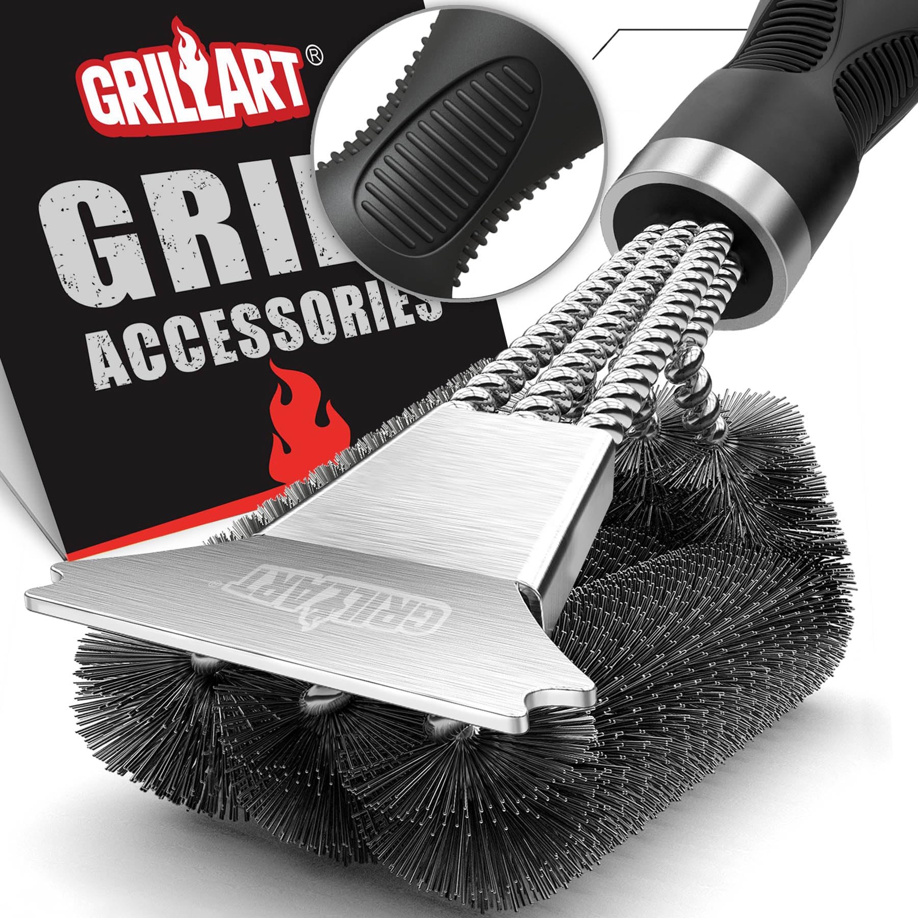 GRILLART 18-inch triple scrubber grill brush with woven stainless wire and dual scrapers
