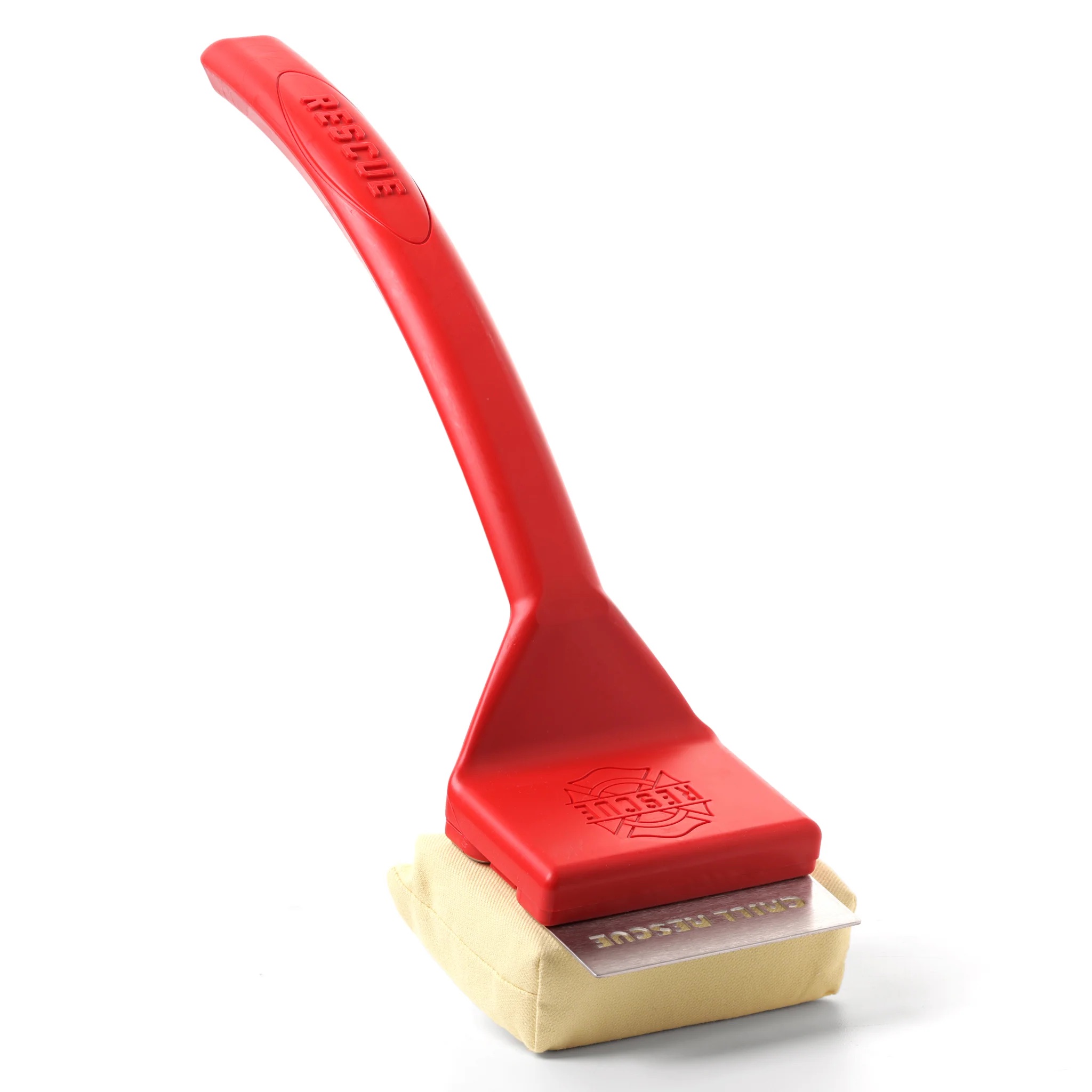 Grill Rescue bristle-free steam brush with aramid-fiber pad and red polypropylene handle