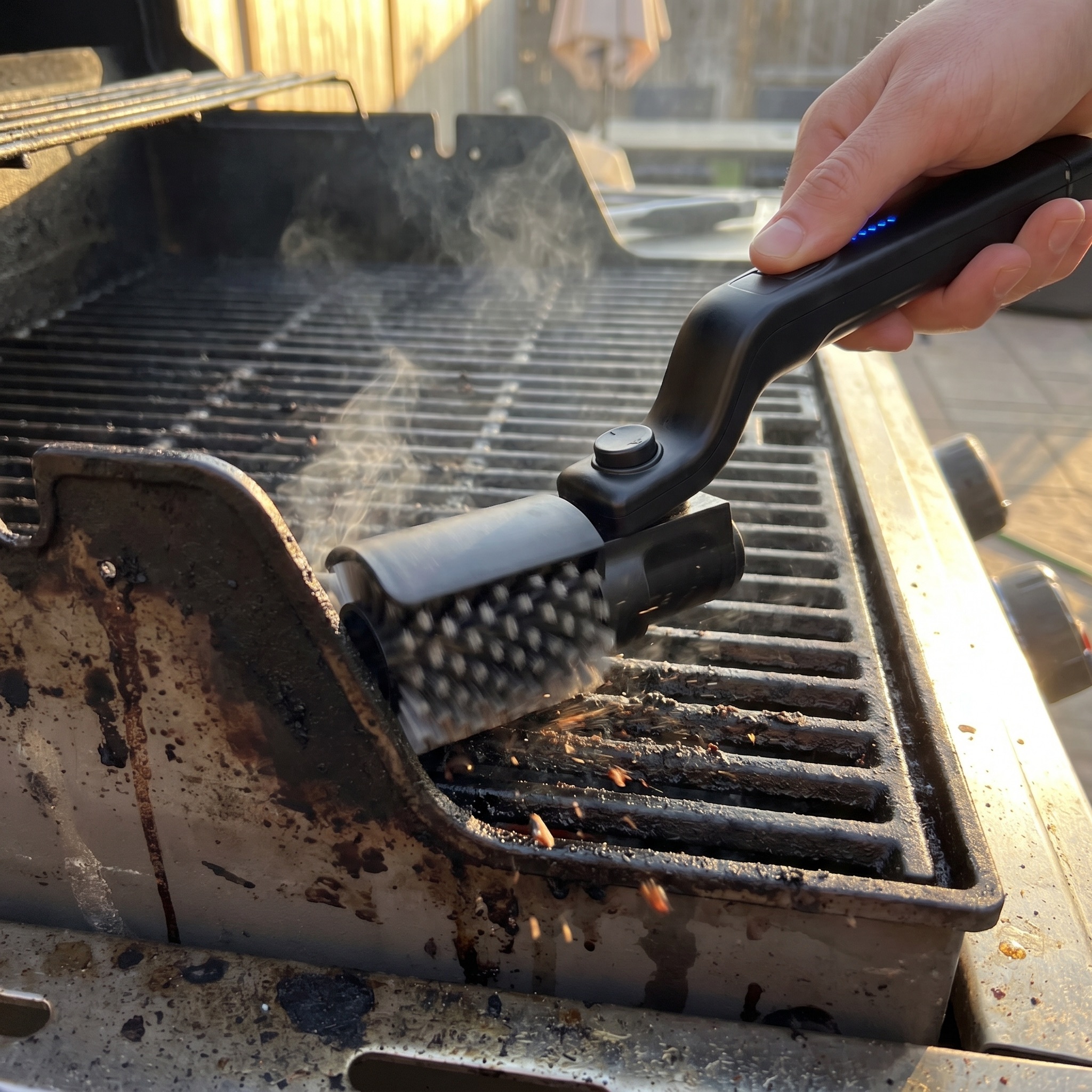 The GrillMaster Pro in-hand cleaning a hot grate, motor spinning