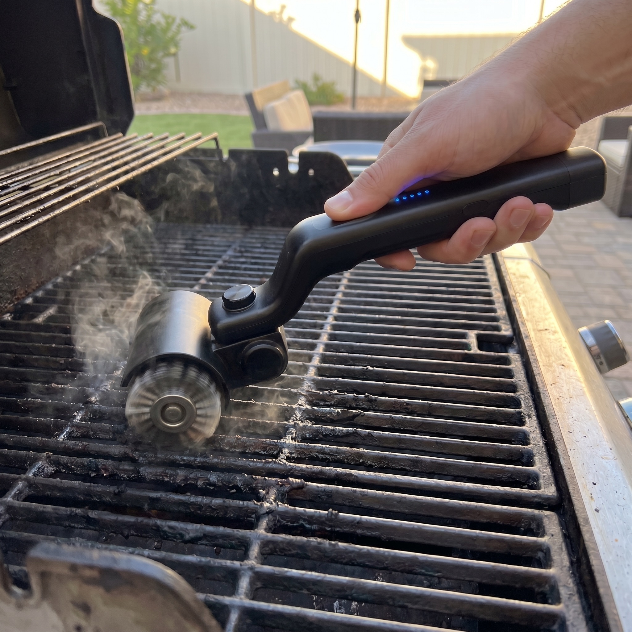 Close-up of the rotating head wrapped around a grate rod